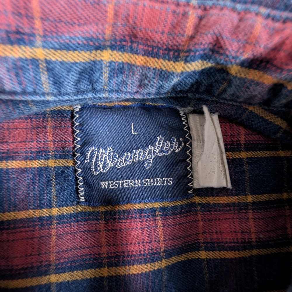 Wrangler Western Shirt Mens Large Red Blue Plaid Long Sleeve Button Down Vintage - Picture 4 of 7